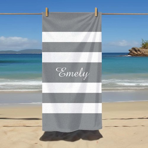 Modern Name Gray Striped Pool  Beach Towel