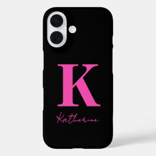 Modern Name Initial Black Pink Personalize iPhone 16 Case