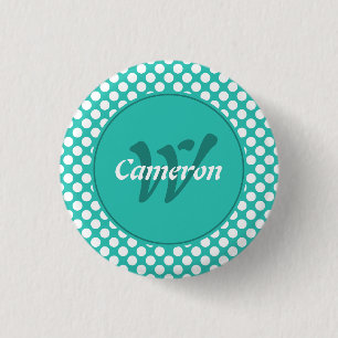 Modern Name Initial Turquoise White Polka Dots Button