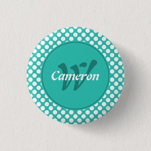 Modern Name Initial Turquoise White Polka Dots Button