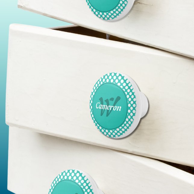 Modern Name Initial Turquoise White Polka Dots Ceramic Knob (Modern Name Initial Turquoise White Polka Dots Ceramic Knob)