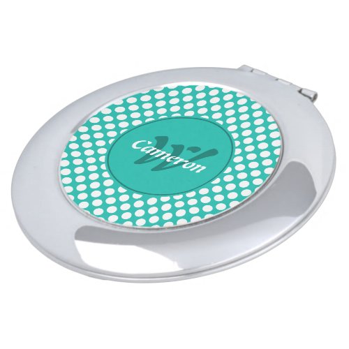 Modern Name Initial Turquoise White Polka Dots Compact Mirror