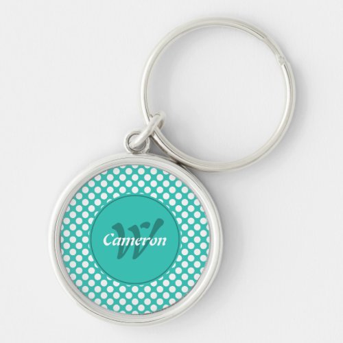 Modern Name Initial Turquoise White Polka Dots Keychain