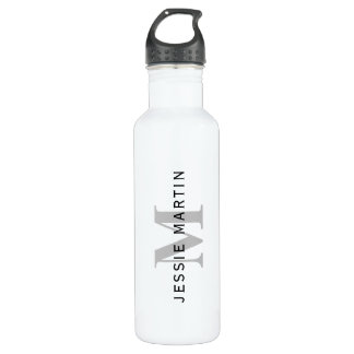 Modern Name & Monogram | Black & Grey Stainless Steel Water Bottle