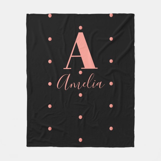 Modern Name Monogram Black Rose Gold Polka Dot Fleece Blanket (Front)