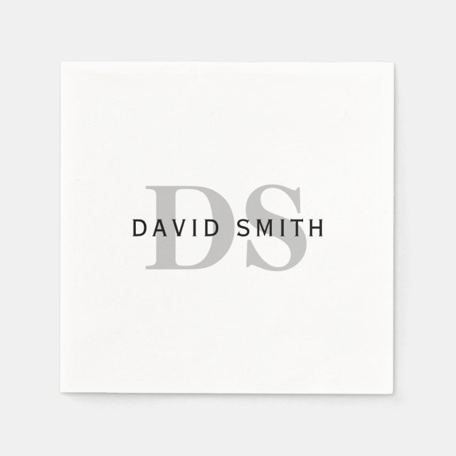 Modern Name & Monogram | Black White & Grey Napkins (Front)