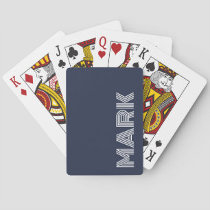Modern Name Monogram Dark Blue White Stripes Poker Cards