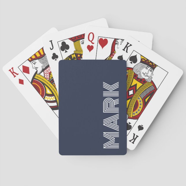 Modern Name Monogram Dark Blue White Stripes Poker Cards (Back)