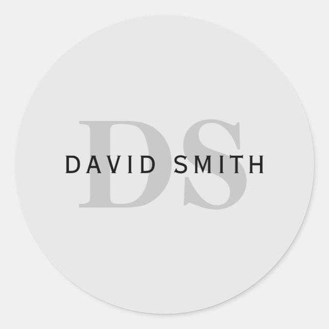 Modern Name & Monogram | Editable Gray & Black Classic Round Sticker (Front)