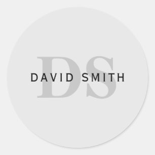 Modern Name & Monogram Editable Gray & Black Classic Round Sticker