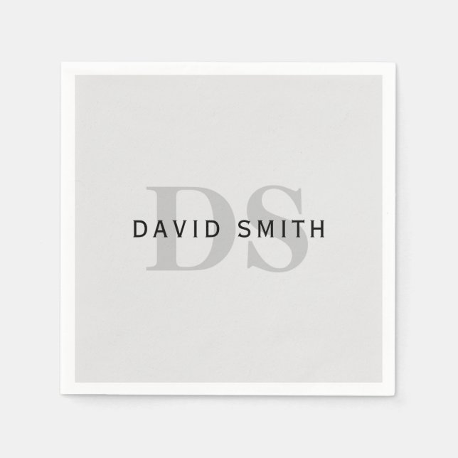 Modern Name & Monogram | Editable Grey & Black Napkins (Front)