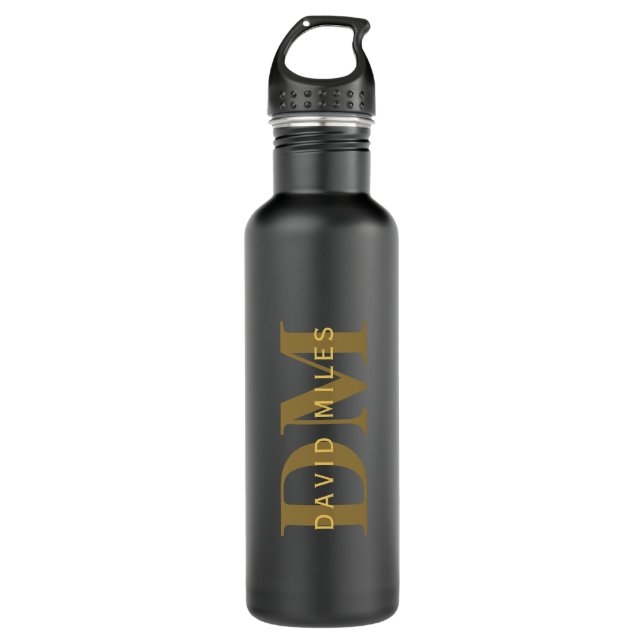 Modern Name & Monogram | Gold & Dark Grey Stainless Steel Water Bottle (Front)