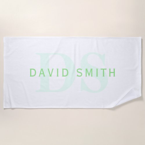Modern Name  Monogram  Green  White Beach Towel