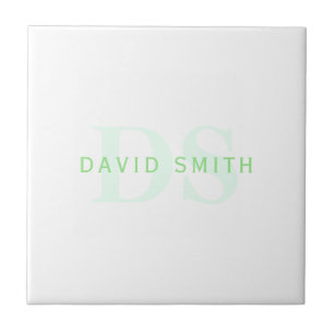 Modern Name & Monogram Green & White Ceramic Tile