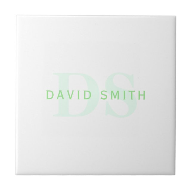 Modern Name & Monogram | Green & White Ceramic Tile (Front)