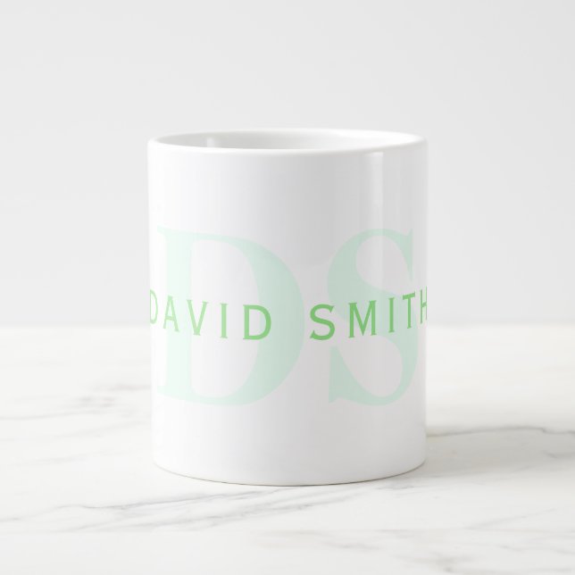 Modern Name & Monogram | Green & White Giant Coffee Mug (Front)