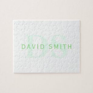 Modern Name & Monogram   Green & White Jigsaw Puzzle