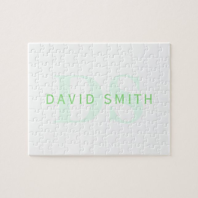 Modern Name & Monogram | Green & White Jigsaw Puzzle (Horizontal)