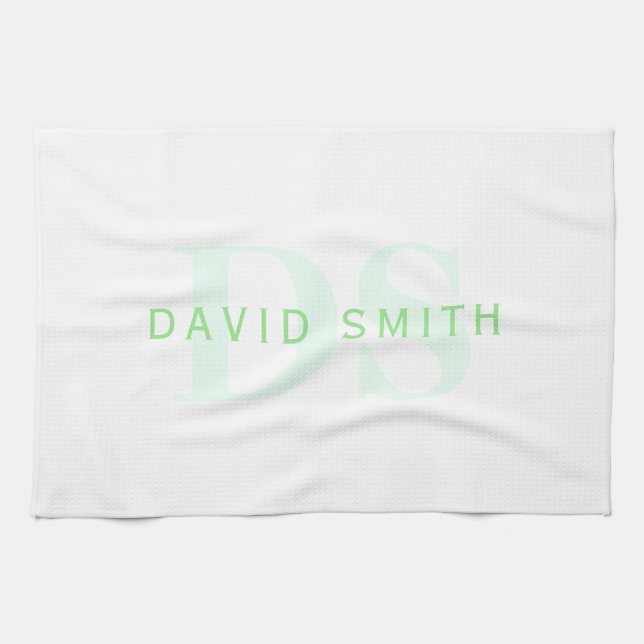 Modern Name & Monogram | Green & White Kitchen Towel (Horizontal)