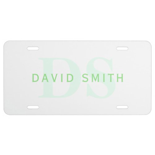 Modern Name  Monogram  Green  White License Plate