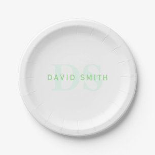 Modern Name & Monogram   Green & White Paper Plates