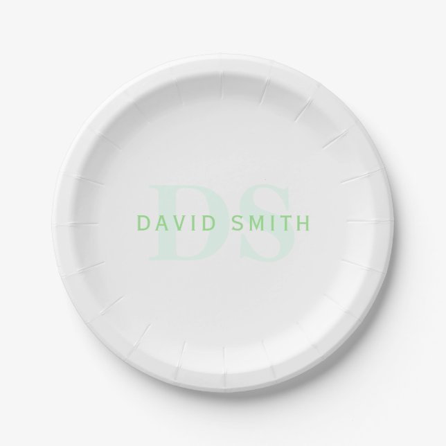 Modern Name & Monogram | Green & White Paper Plates (Front)