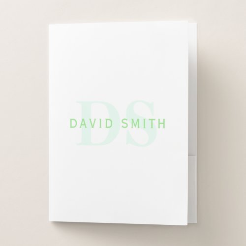 Modern Name  Monogram  Green  White Pocket Folder