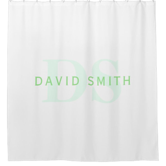 Modern Name & Monogram | Green & White Shower Curtain (Front)