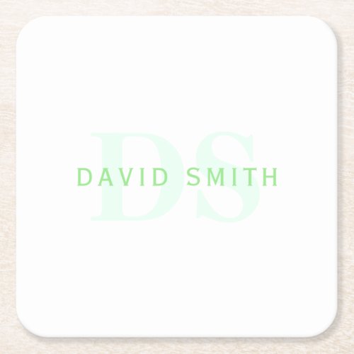 Modern Name  Monogram  Green  White Square Paper Coaster