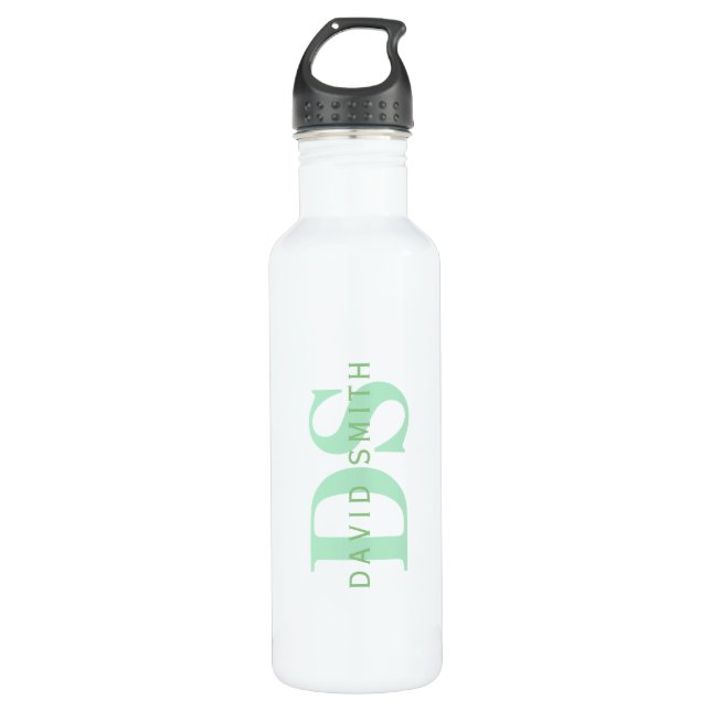 Modern Name & Monogram | Green & White Stainless Steel Water Bottle (Front)
