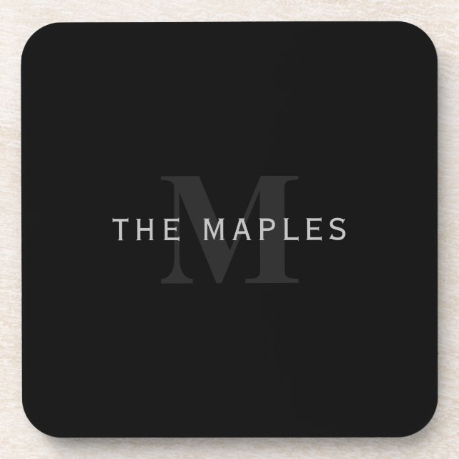 Modern Name & Monogram | Grey & Black Beverage Coaster (Front)