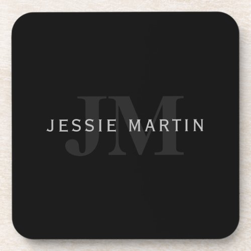 Modern Name  Monogram  Grey  Black Beverage Coaster