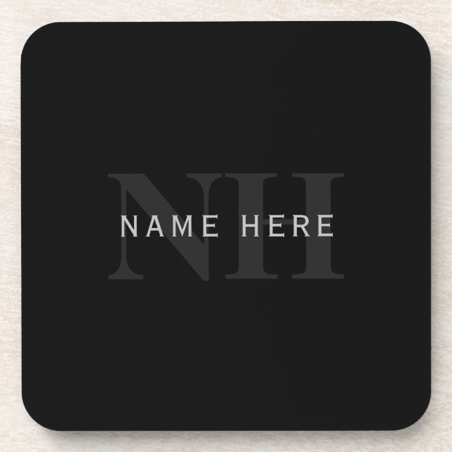 Modern Name & Monogram | Grey & Black Beverage Coaster (Front)