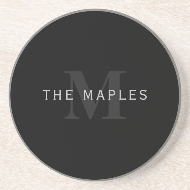 Modern Name & Monogram | Grey & Black Coaster (Front)