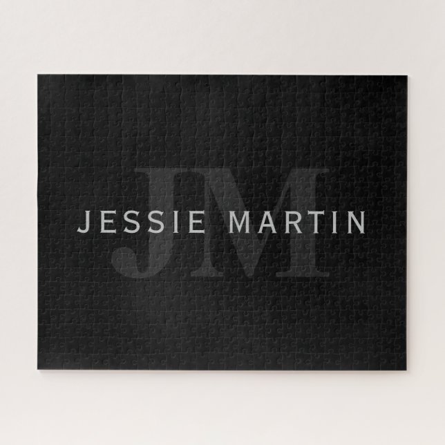 Modern Name & Monogram | Grey & Black Jigsaw Puzzle (Horizontal)