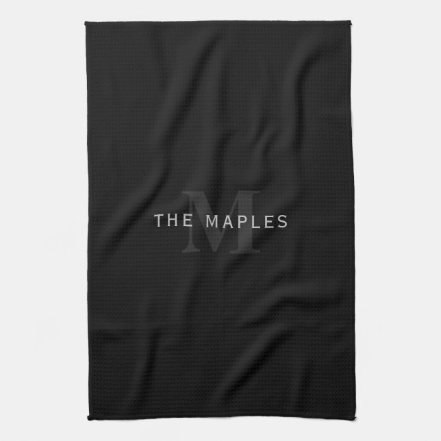 Modern Name & Monogram | Grey & Black Kitchen Towel (Vertical)