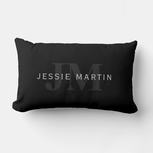 Modern Name & Monogram | Grey & Black Lumbar Pillow (Front)