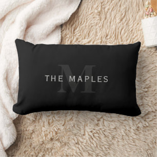 Modern Name & Monogram Grey & Black Lumbar Pillow