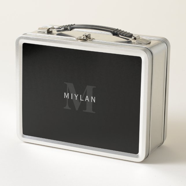 Modern Name & Monogram | Grey & Black Metal Lunch Box (Front)