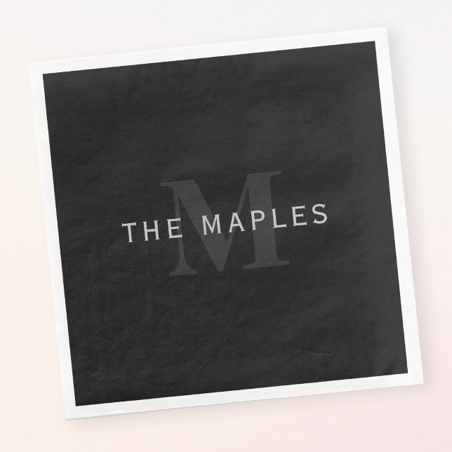 Modern Name & Monogram | Grey & Black Paper Dinner Napkins (Creator Uploaded)
