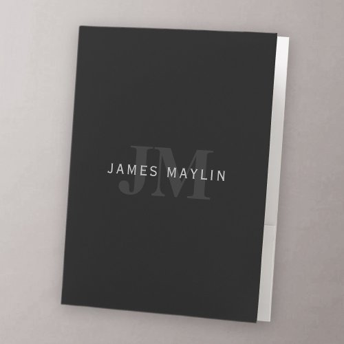 Modern Name  Monogram  Grey  Black Pocket Folder