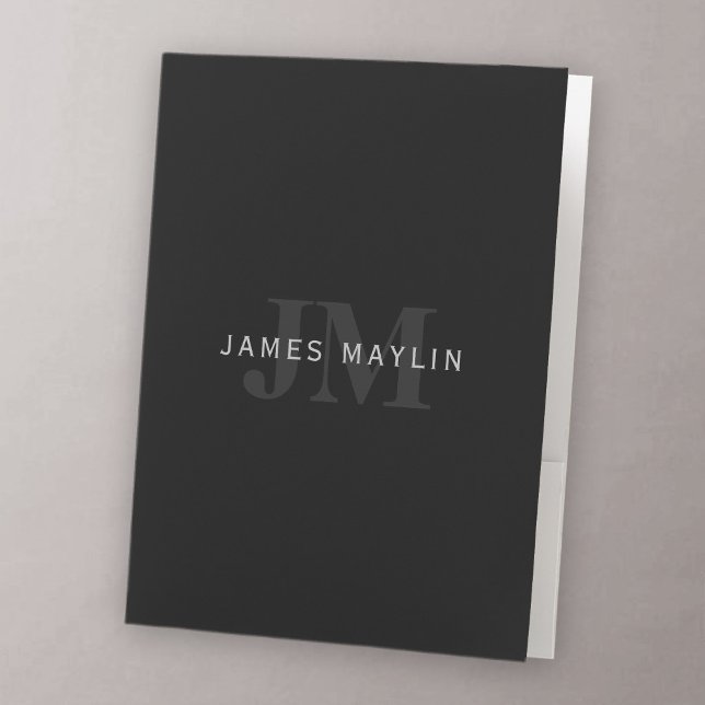Modern Name & Monogram | Grey & Black Pocket Folder (Creator Uploaded)