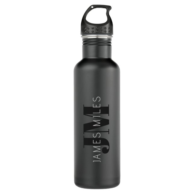 Modern Name & Monogram | Grey & Black Stainless Steel Water Bottle (Front)
