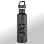Modern Name & Monogram | Grey & Black Stainless Steel Water Bottle<br><div class="desc">Custom name layered over monogram.</div>