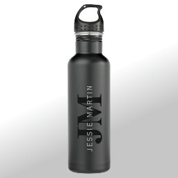 Modern Name &amp; Monogram | Grey &amp; Black Stainless Steel Water Bottle
