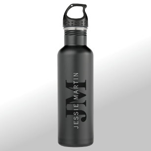 Modern Name & Monogram   Grey & Black Stainless Steel Water Bottle