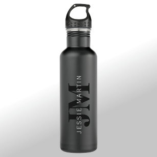 Modern Name & Monogram   Grey & Black Stainless Steel Water Bottle