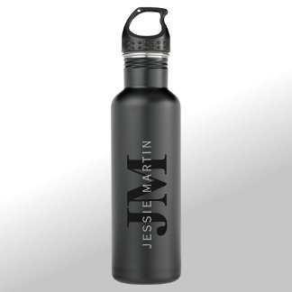 Modern Name & Monogram | Grey & Black Stainless Steel Water Bottle