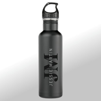 Modern Name & Monogram | Grey & Black Stainless Steel Water Bottle by simple_monograms at Zazzle