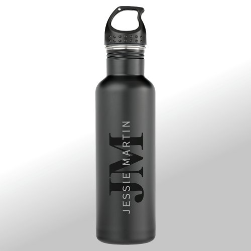 Modern Name  Monogram  Grey  Black Stainless Steel Water Bottle